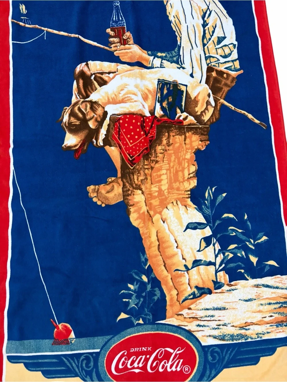 VTG NWT Coca Cola Boy Fishing With Dog Beach Towel 1989 Graphic Summer